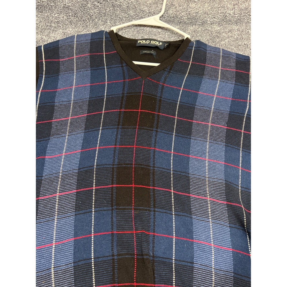 Polo Golf Ralph Lauren Mens Large V-Neck Cotton Plaid Sweater Blue Black Red